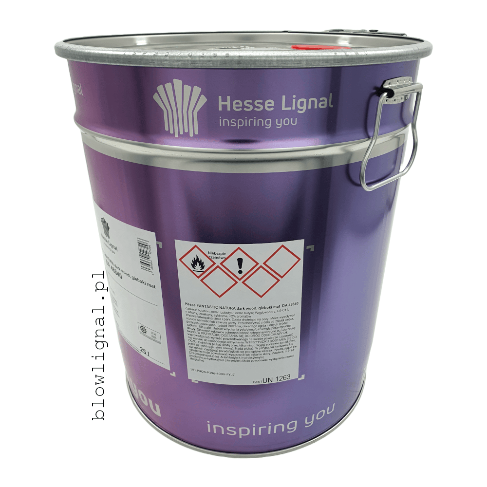 da 48840 z boku widać na orginalnym 25 lirowym opakowaniu znaki ostrzegawcze lakier nadający efekt naturalnego drewna dedykowany na ciemne gatunki