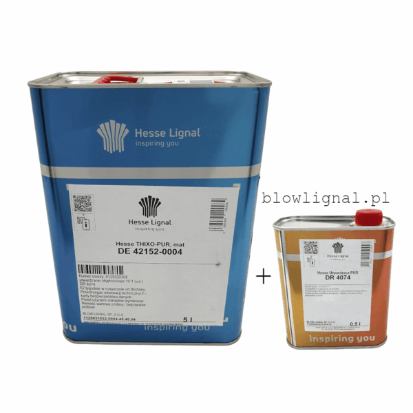 Zestaw lakieru nawierzchniowego Hesse DE 4215-0004, tiksotropowy 5 L + DR 4074 0,5 L. Bezbarwny PUR, bezpieczeństwo zabawek, proporcja 10:1.