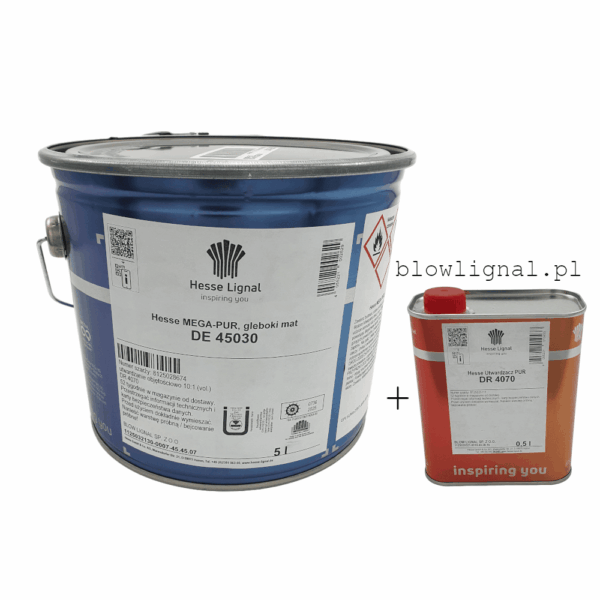 Zestaw lakieru nawierzchniowego Hesse DE 45030 transparentny 5 L + DR 4070 0,5 L. Odporny na światło (UV), stosunek 10:1, idealny na elementy 3D.