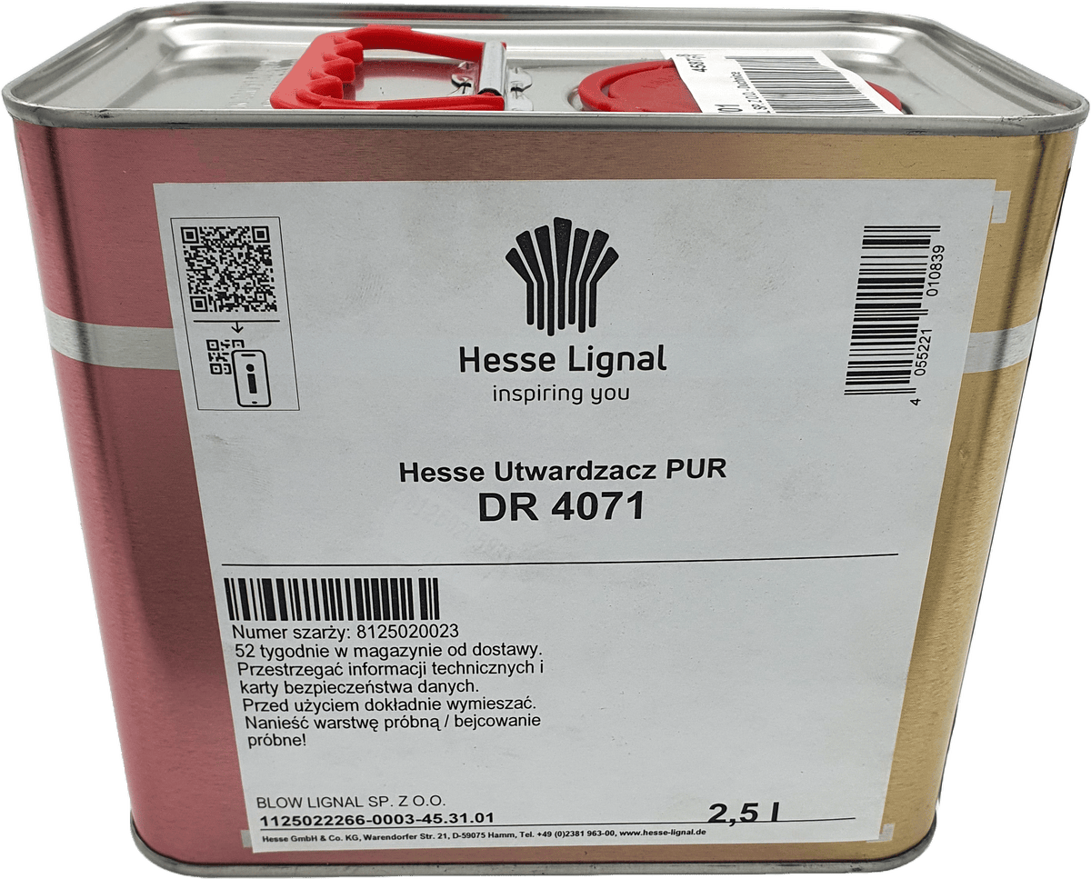 Utwardzacz PUR Hesse DR 4071, 2,5 L, do lakierów PUR, skraca czas schnięcia i montażu.