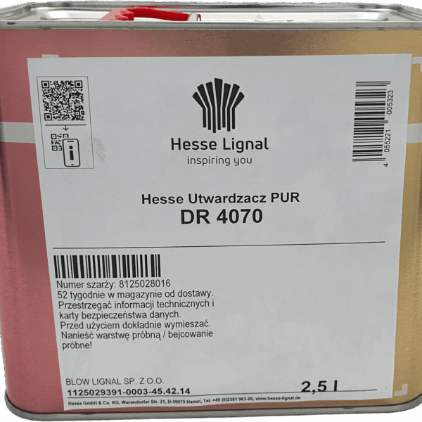 Utwardzacz PUR Hesse DR 4070, oryginalna bańka 2,5 L, do lakierów Mega-PUR i lakierów barwnych. Klucz do twardości.