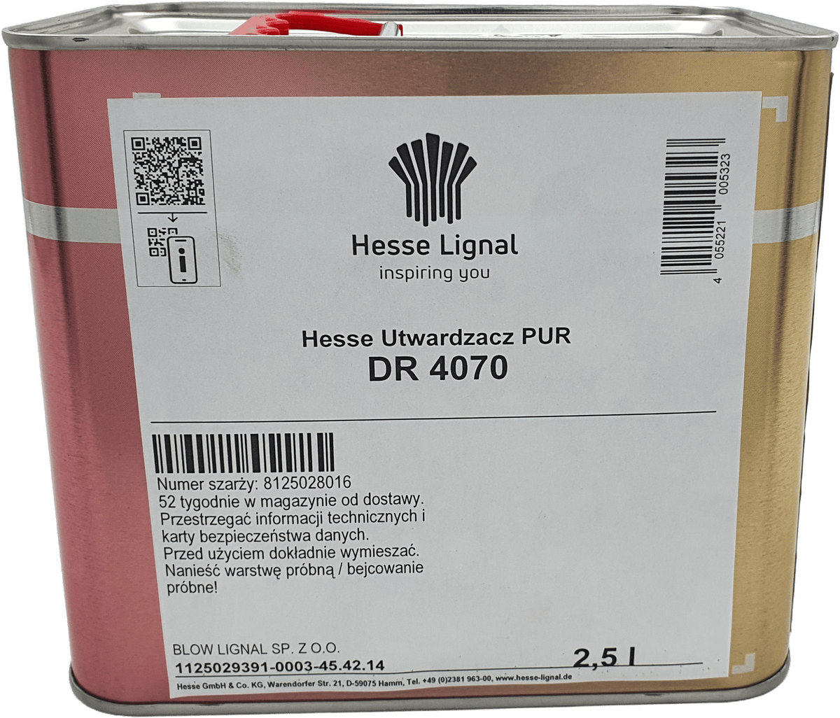 Utwardzacz PUR Hesse DR 4070, oryginalna bańka 2,5 L, do lakierów Mega-PUR i lakierów barwnych. Klucz do twardości.
