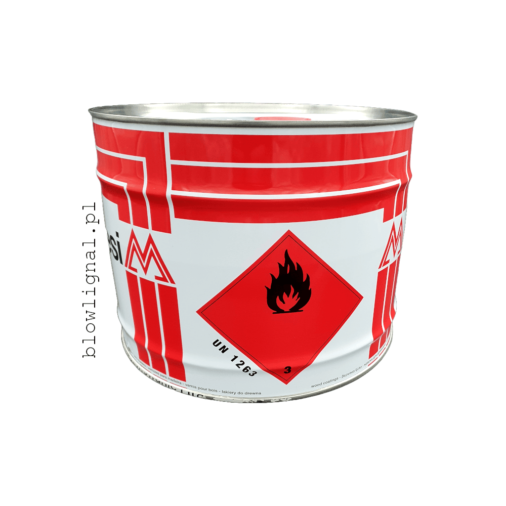 orginalne opakowanie 12,5 l utwardzacz do lakierów poliuretanowych orginalne metalowe opakowanie widać logo milesi oraz znak ostrzegawczy