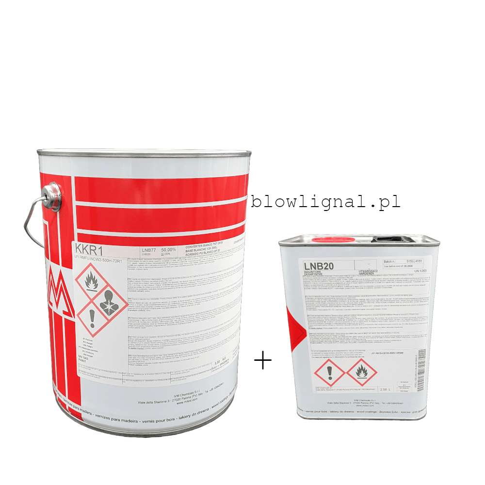 Zestaw lakieru nawierzchniowego Milesi KKR 1 półmat 5 kg + LNB 20 2,5 L. Oryginalne metalowe opakowania, ochrona UV.