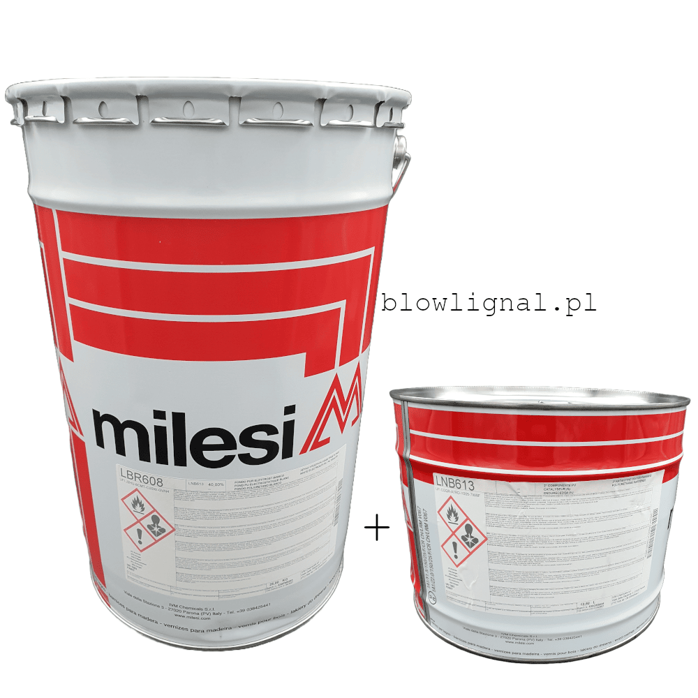 Zestaw Milesi LBR 608 biały podkład PUR 25 kg + LNB 613 12,5 L. Idealne krycie, brak spływania na elementach 3D.