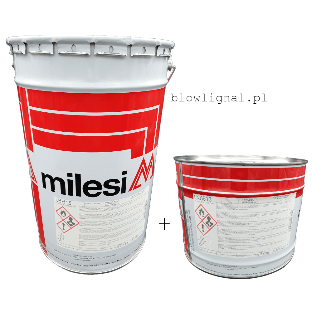 Zestaw Milesi LBR 15, podkład biały poliuretanowy 25 kg + LNB 613 12,5 L. Prawidłowa proporcja 2:1. Idealne krycie i wypełnienie dla MDF.