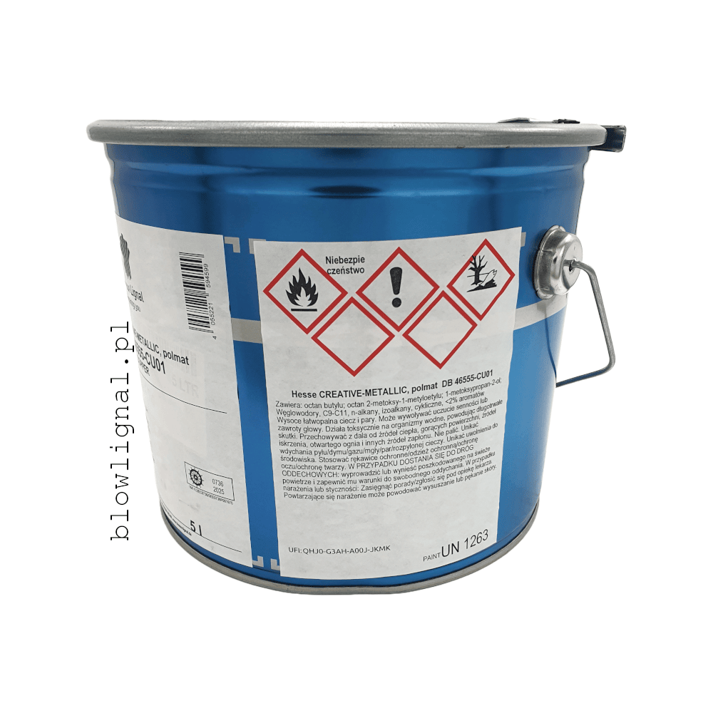 puszka 5 litrowa z lakierem metalicznym miedzianym hesse lignal copper miedź z boku widać piktogramy