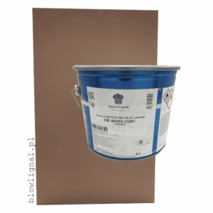 Puszka 5L lakieru metalicznego miedzianego Hesse CREATIVE-METALLIC DB 46555-CU01 (Copper). W tyle widoczny panel pokryty lakierem z efektem jedwabistego matu (półmat)