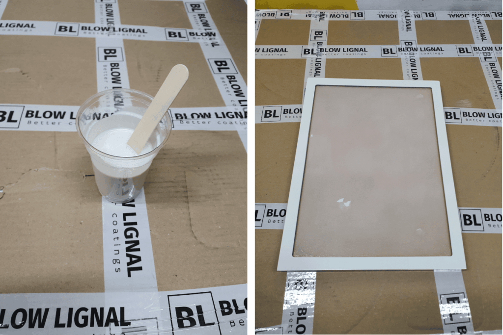 Po lewej widać przygotowaną mieszankę LBR21811. Wysoka płytność delikatnie białawe zabarwienie. Po prawej front gdzie połozono izolant LBR21811. 