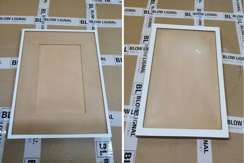 Na zdjęciu widać przeszlifowane fronty testowe. Na lewym forncie nie trzeba było niczego szpachlować. Nastomiast front po prawej wymagał szpachlowania. Front B który bedzie dodatkowo izolowany przy pomocy LBR21811. 