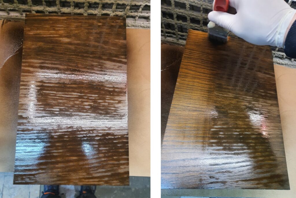 Jak bejcować drewno dębu metodą natrysku z roztarciem pędzlem przy użyciu bejcy Hesse Lignal BG.