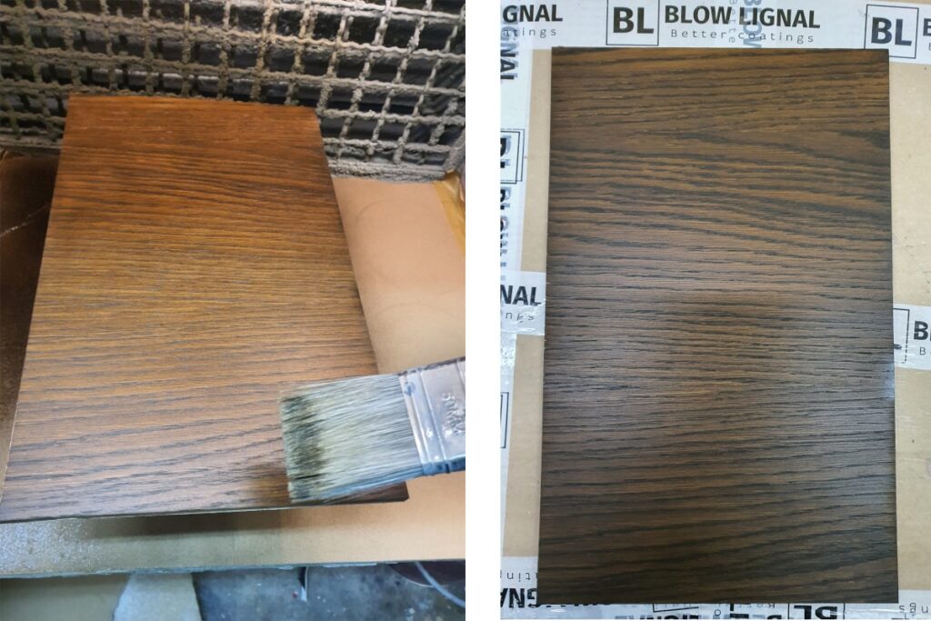 Jak bejcować drewno dębu metodą natrysku z roztarciem pędzlem – efekt po bejcowaniu przy użyciu bejcy Hesse Lignal BG