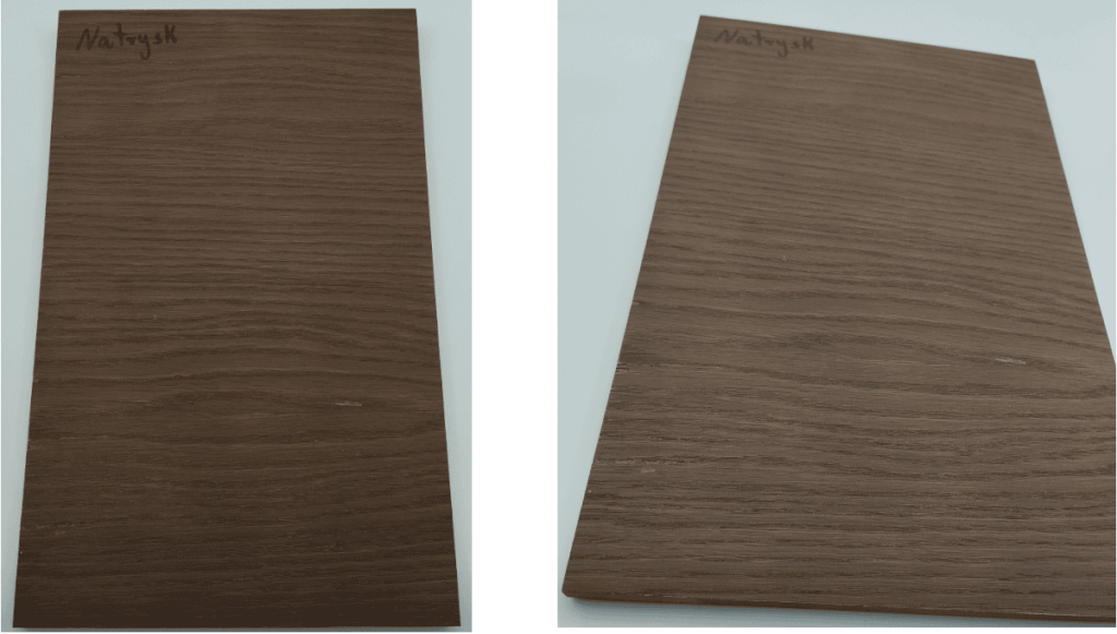 Efekt końcowy po bejcowaniu i nałożeniu dwóch warstw lakieru bezbarwnego DE45030 Hesse Lignal. Metoda natrysku bez rozprowadzania.