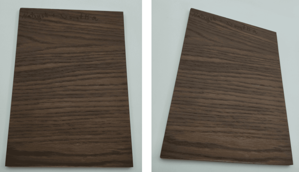 Efekt końcowy po bejcowaniu i nałożeniu dwóch warstw lakieru bezbarwnego DE45030 Hesse Lignal. Metoda natrysku z roztarciem szmatką.