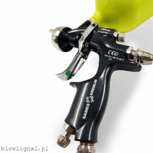 Pełny korpus pistoletu lakierniczego Sames Kremlin FPro G HVLP – ergonomiczna konstrukcja o wadze 611g w czarnym matowym wykończeniu.