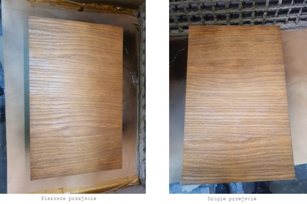 Formatka dębu po wykonaniu pierwszego i następnie drugiego przejścia. Pokazuje jak bejcować drewno metodą natryskową bez rozcierania. 