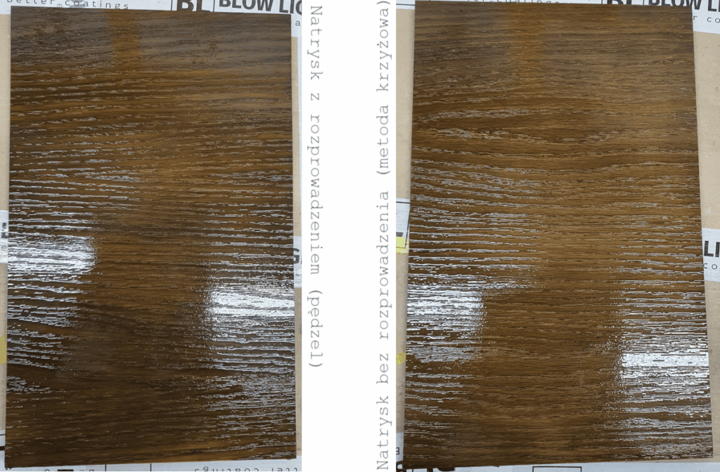 Jak bejcować drewno dębu. Widać tutaj formatki po nałożeniu pierwszej warstwy lakieru DE45030 Mega-Pur.