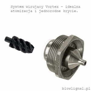 Głowica pistoletu Sames Kremlin FPro G z technologią Vortex – zbliżenie na dyfuzor wprowadzający strumień lakieru w ruch wirowy dla idealnego krycia.