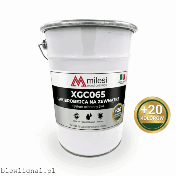 Lakierobejca na zewnątrz kolory Milesi XGC065 – puszka profesjonalnej lazury 3w1 o wykończeniu satynowym.
