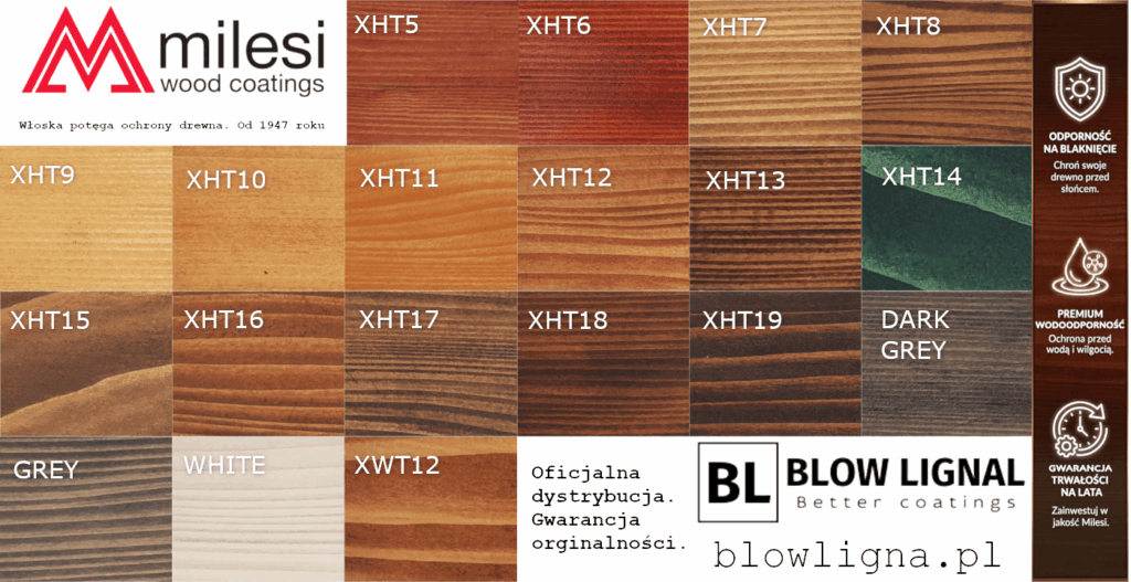 Pełna paleta 19 kolorów produktu impregnat ochronno dekoracyjny ogrodowy Milesi XHC6; oficjalna dystrybucja Blow Lignal przedstawia wzornik odcieni od jasnej sosny po ciemną szarość.