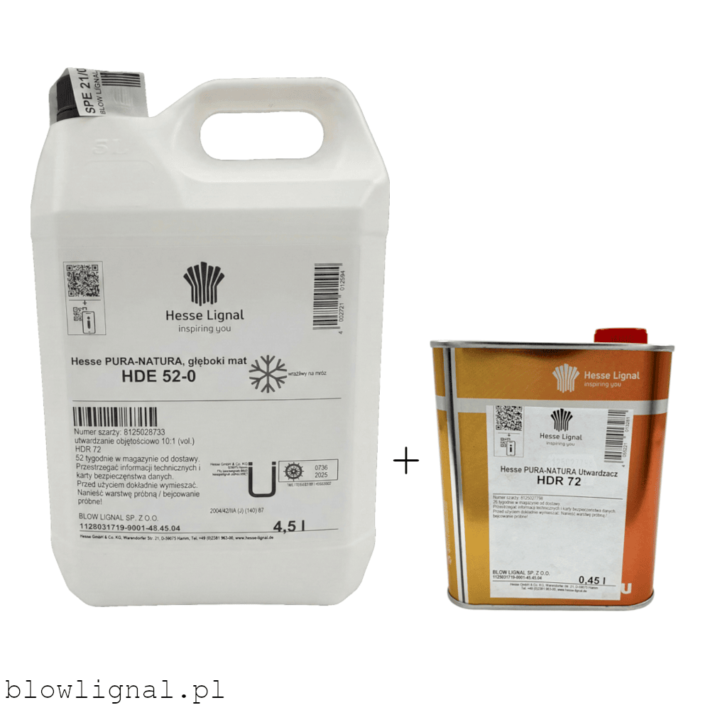 Zestaw profesjonalnego lakieru do parkietu Hesse PURA-NATURA HDE 52-0 z dedykowanym utwardzaczem, efekt głębokiego matu.