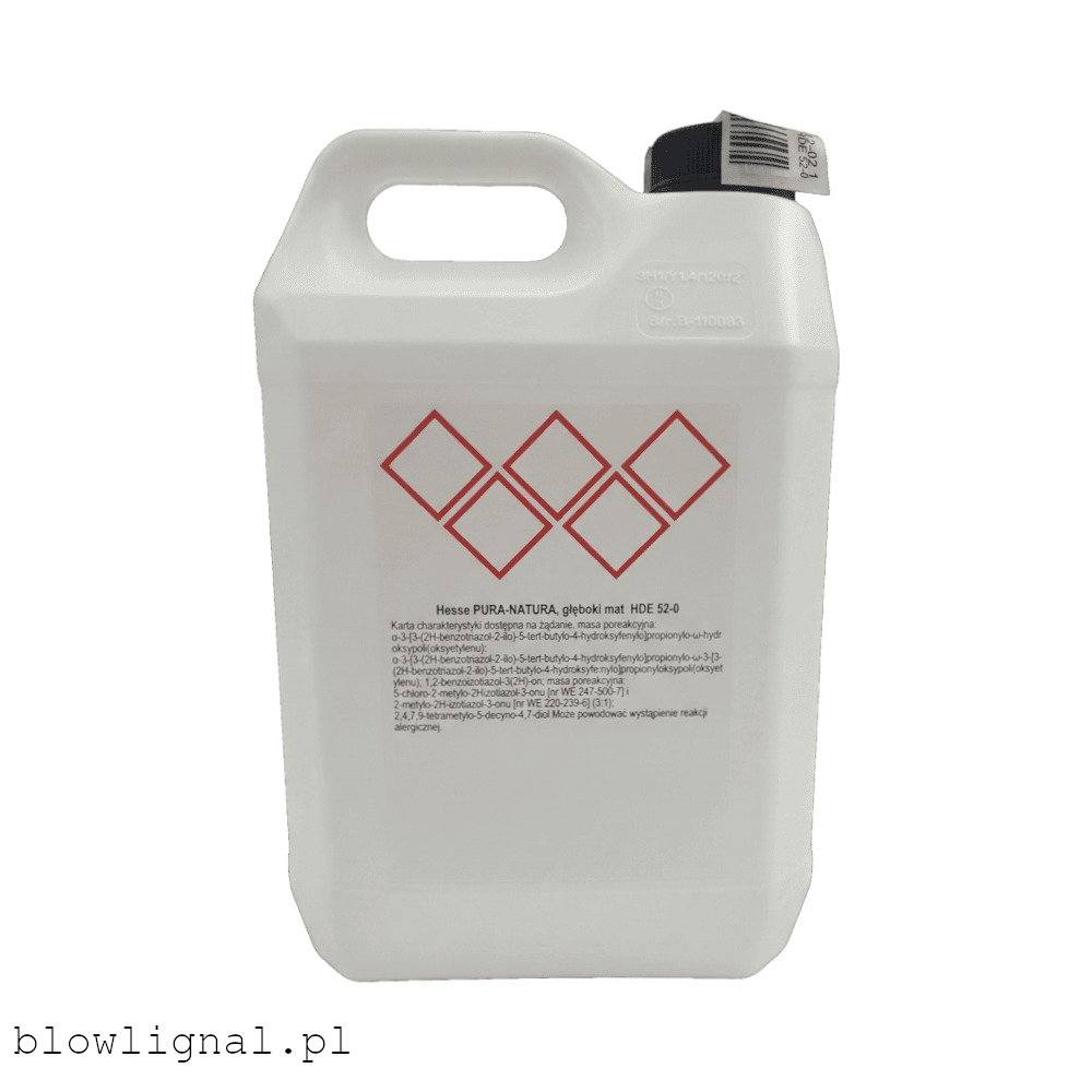 Tył opakowania lakieru wodnego Hesse PURA-NATURA HDE 52-0 – produkt bezpieczny, bez piktogramów ostrzegawczych, ekologiczna receptura.