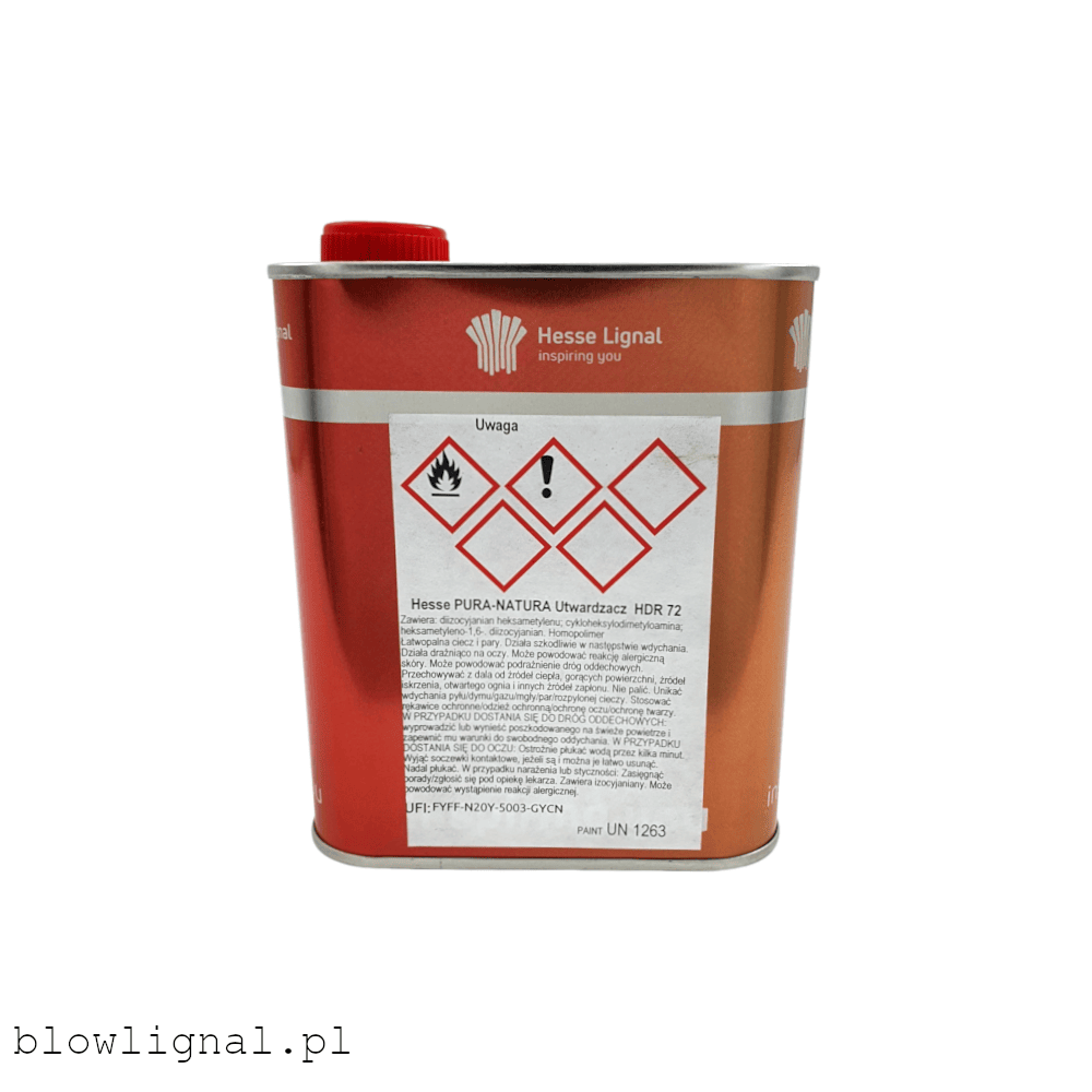 Etykieta techniczna utwardzacza do lakieru Hesse – skład chemiczny, piktogramy ostrzegawcze i instrukcja bezpieczeństwa.