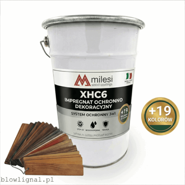 Zdjęcie puszki produktu impregnat ochronno dekoracyjny ogrodowy Milesi XHC6 z profesjonalną etykietą oraz wzornikiem kolorów umieszczonym w lewym dolnym rogu.